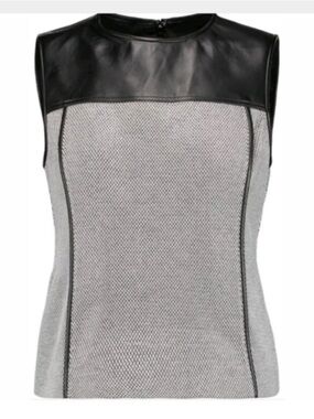 Theory Sleeveless Top 8 Black Soft Knit Genuine Lamb Leather Piping Mixed Media